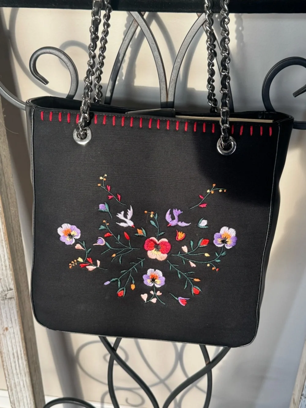 Lucy Pereda Black Embroidered Floral Birds Tote Shoulder Bag Chain Strap‎ Boho